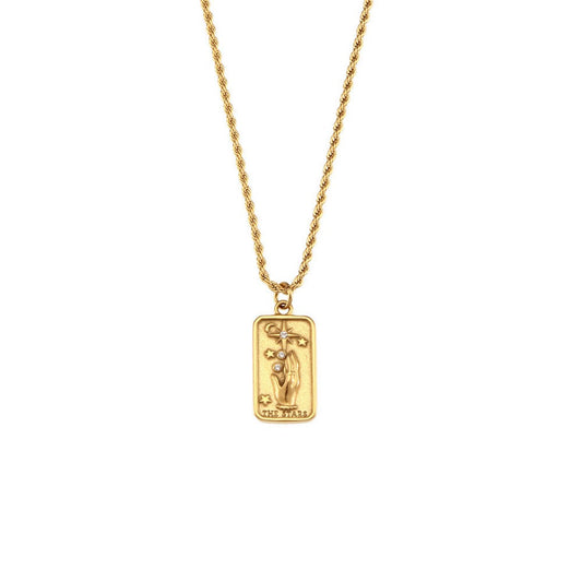 Gold pendant necklace featuring an engraved hand touching a star